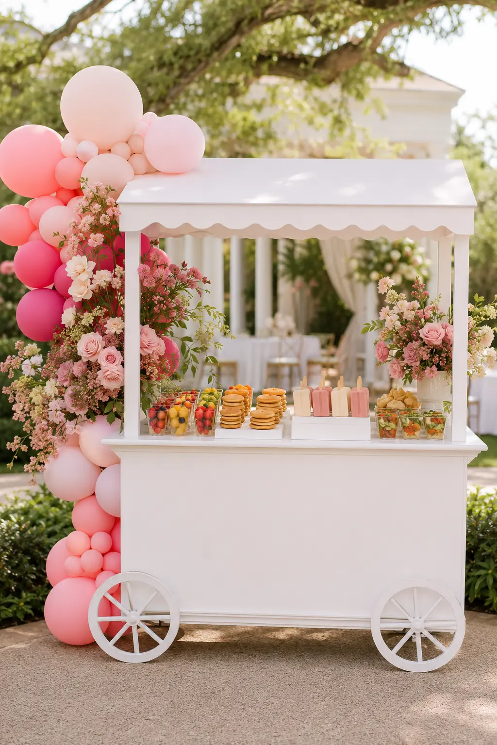 Elegant white snack cart styled with pink balloons, flowers, and party treats