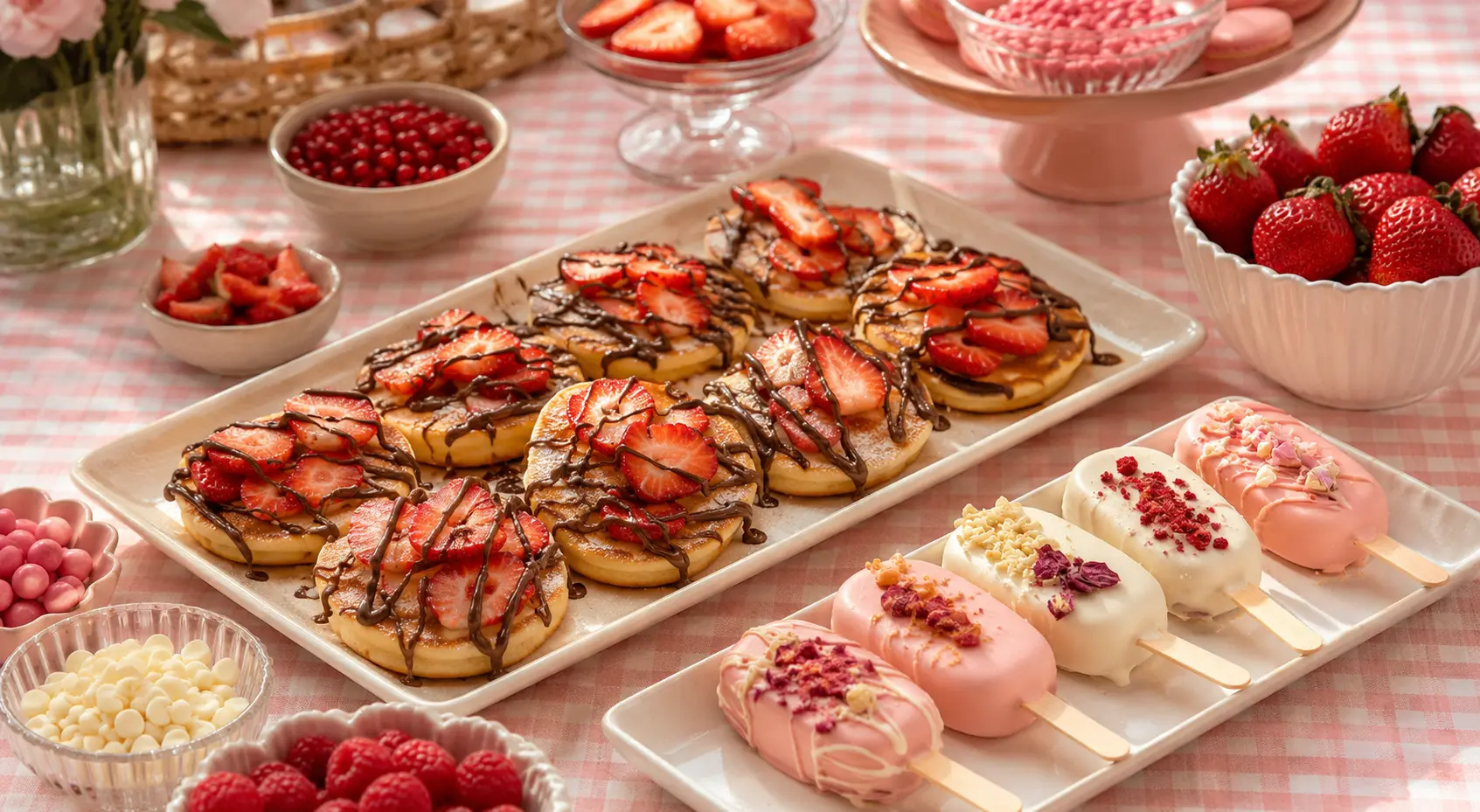 Pink party spread with mini pancakes, strawberries, and prepared paletas